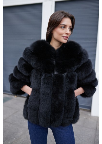 Dominera Yarım Kol Hakiki Tilki Kürk Ceket Siyah fiyatları