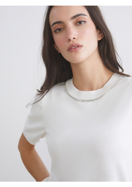 Yeni Sezon Bisiklet Yaka Taşlı Kadın Triko Kazak