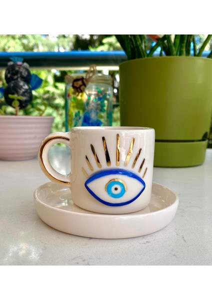 El Yapımı Seramik Gerçek 24K Altın Dekorlu Göz Türk Kahvesi Fincanı