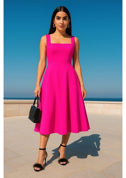 Kadın Kare Yaka Kalın Askı Tasarım Midi Boy Elbise Fuşya 583208