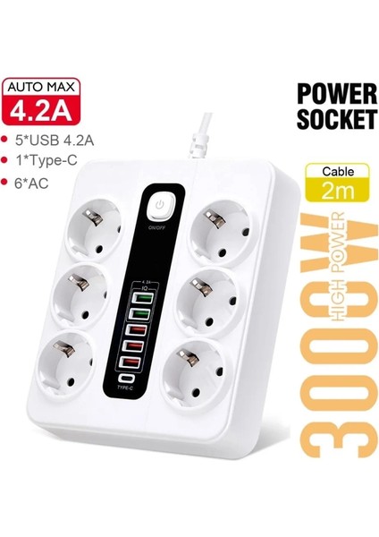 HP-H04 3000W 10AMPER 6’lı 2metre Uzatma Kablolu Çoklu Termal Akım Priz