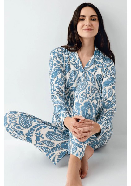 9076 Kadın Krem Uzun Kollu Önden Düğmeli Gömlek Pijama Takımı