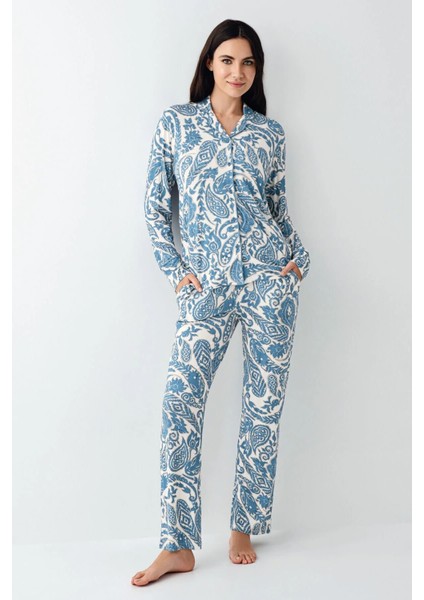 9076 Kadın Krem Uzun Kollu Önden Düğmeli Gömlek Pijama Takımı fiyatları