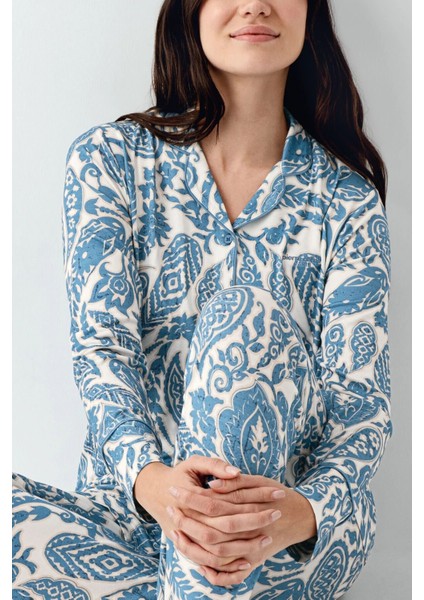 9076 Kadın Krem Uzun Kollu Önden Düğmeli Gömlek Pijama Takımı modelleri