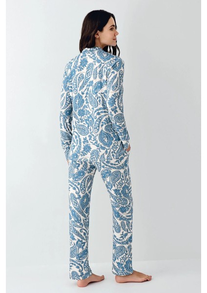 9076 Kadın Krem Uzun Kollu Önden Düğmeli Gömlek Pijama Takımı fırsatları