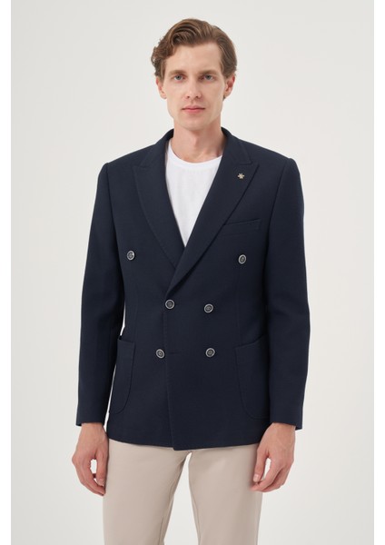 Erkek Lacivert Poliviskon Kruvaze Desenli Slim Fit Sivri Yaka Ceket