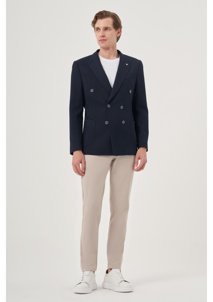Erkek Lacivert Poliviskon Kruvaze Desenli Slim Fit Sivri Yaka Ceket fiyatları