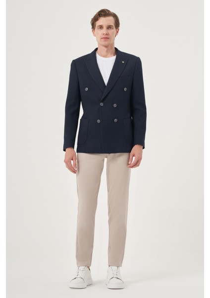 Erkek Lacivert Poliviskon Kruvaze Desenli Slim Fit Sivri Yaka Ceket modelleri