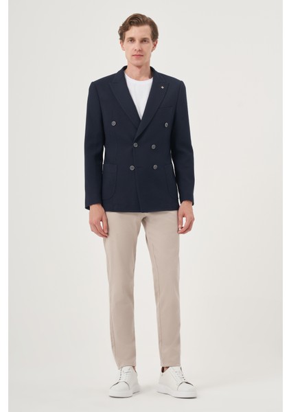 Erkek Lacivert Poliviskon Kruvaze Desenli Slim Fit Sivri Yaka Ceket fırsatları