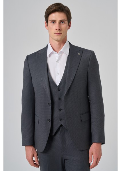 Erkek Antrasit Poliviskon Yelekli Trend Desenli Slim Fit Sivri Yaka Takım Elbise