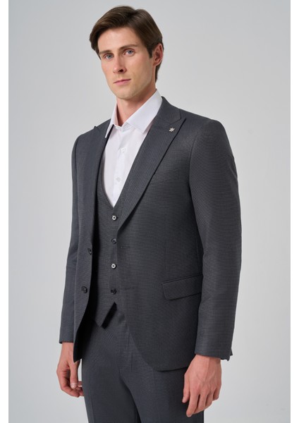 Erkek Antrasit Poliviskon Yelekli Trend Desenli Slim Fit Sivri Yaka Takım Elbise modelleri