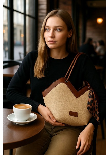 Kadın Özel Tasarım Hasır Kumaş Omuz ve Kol Çantası Leopar Fular Detaylı