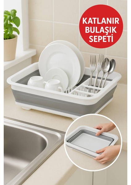 Katlanabilir Gri-Beyaz Bulaşıklık, Drenaj Delikli, Kaşıklıklı, Geniş Kapasiteli, Kamp ve Mutfak Kullanımı Için Uygun
