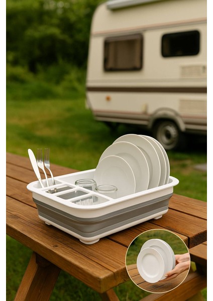 Katlanabilir Gri-Beyaz Bulaşıklık, Drenaj Delikli, Kaşıklıklı, Geniş Kapasiteli, Kamp ve Mutfak Kullanımı Için Uygun modelleri