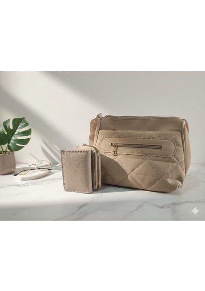 Bej Crossbody Seti | Günlük Çanta ve Cüzdan