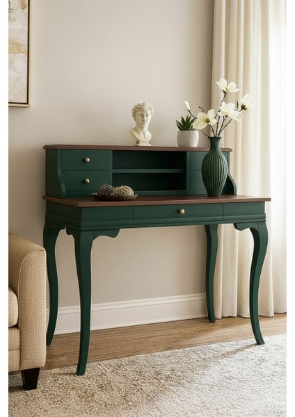 100 cm 5 Çekmeceli Masif Yeşil Ceviz Raflı Çalışma Masası