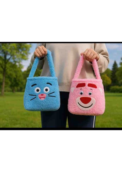 2 Adet Peluş El ve Omuz Çantası Bir Mavi Bir Pempe