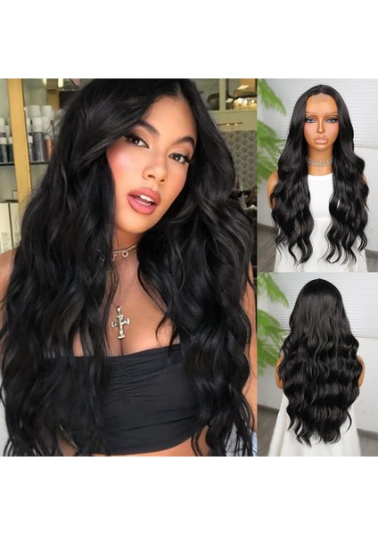 Koyu Siyah Su Dalgalı Fiber Sentetik Tül Peruk