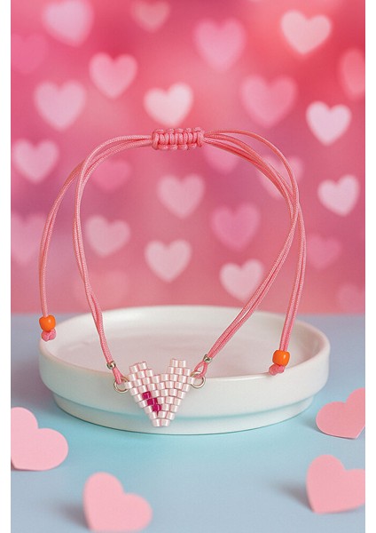 Pembe Kalpli Miyuki Boncuklu Ayarlanabilir Makrome Bileklik