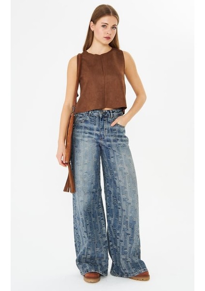 Jakarlı Eskitme Denim Pantolon Mavi