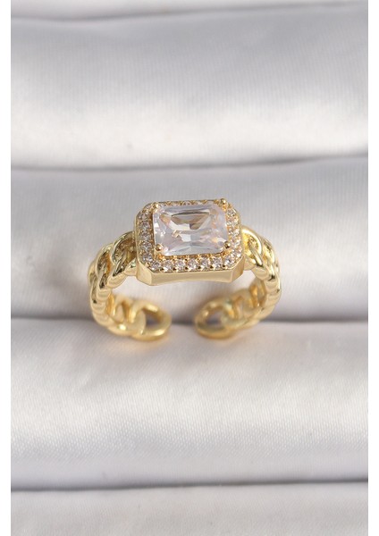 Pirinç Gold Renk Zincir Model Kare Zirkon Taşlı Kadın Yüzük