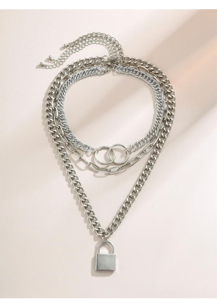 Gümüş Rengi Kilit ve Halka 3 Katmanlı Kolye fiyatları