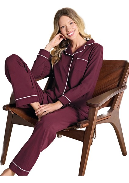 Over Sleep 3102 Kadın Kışlık Ön Düğmeli Uzun Kollu V-Yaka Vişne Pijama Takımı
