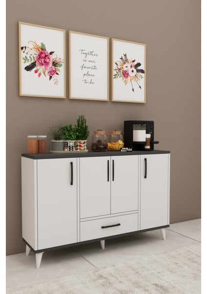 Nedudo Kahve Köşesi Çok Amaçlı Dolap 4 Kapaklı 1 Çekmeceli Kiler Mutfak Dolabı Beyaz Antrasit indirimleri