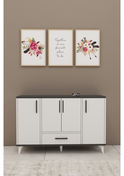 Nedudo Kahve Köşesi Çok Amaçlı Dolap 4 Kapaklı 1 Çekmeceli Kiler Mutfak Dolabı Beyaz Antrasit