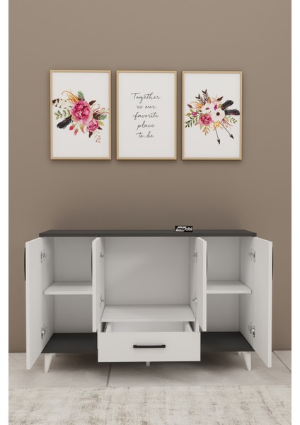 Nedudo Kahve Köşesi Çok Amaçlı Dolap 4 Kapaklı 1 Çekmeceli Kiler Mutfak Dolabı Beyaz Antrasit