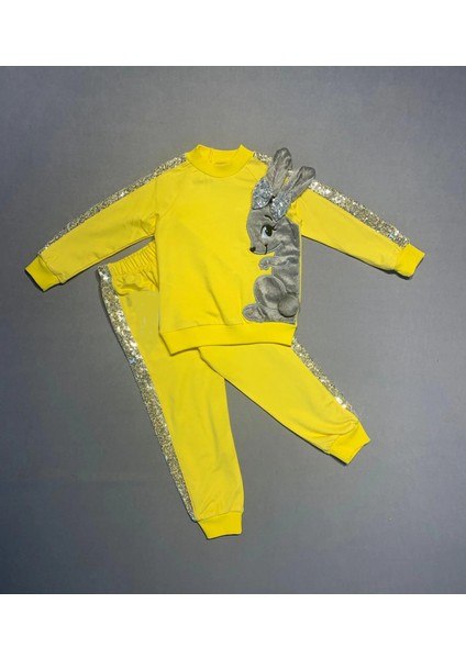 1-2-3 Yaş Payetli Pelüş Tavşan Desenli Likra Penye Kumaş Sweat Pantolonlu Kız 2li Çocuk Takımı Sarı