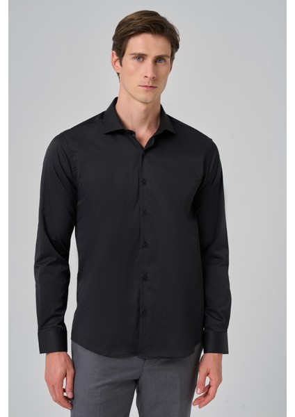 Erkek Siyah Basic Düz Desen Italyan Yaka Slim Fit Gömlek