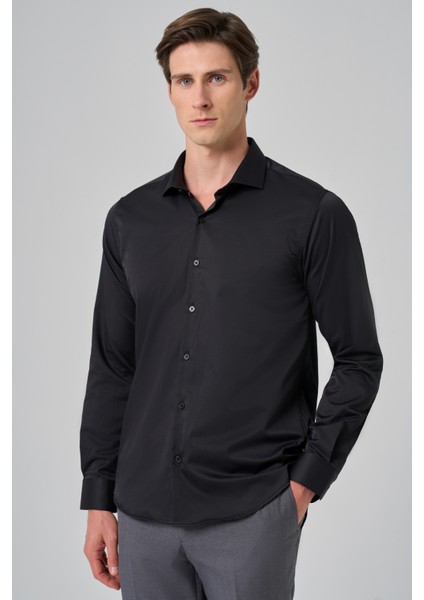 Erkek Siyah Basic Düz Desen Italyan Yaka Slim Fit Gömlek modelleri
