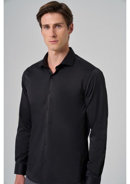 Erkek Siyah Basic Düz Desen Italyan Yaka Slim Fit Gömlek fırsatları