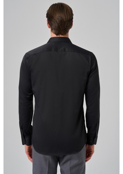 Erkek Siyah Basic Düz Desen Italyan Yaka Slim Fit Gömlek indirimleri