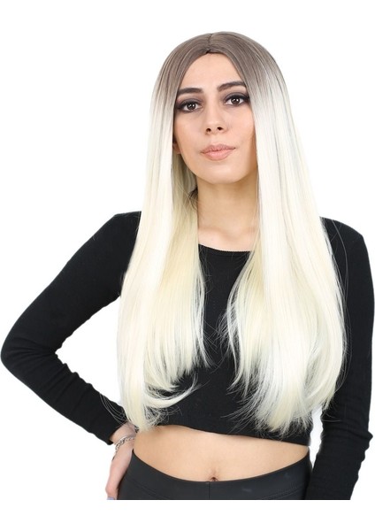 Fiber Sentetik Uzun Düz Peruk / Küllü Açık Kahve / Platin Ombreli