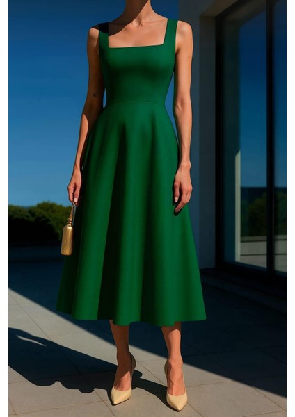 Kadın Kare Yaka Kalın Askı Tasarım Midi Boy Elbise Zümrüt 583208