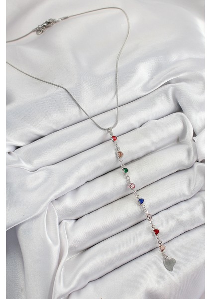 Pirinç Gümüş Renk Karışık Renk Zirkon Taşlı Kalpli Y Kadın Kolye fiyatları