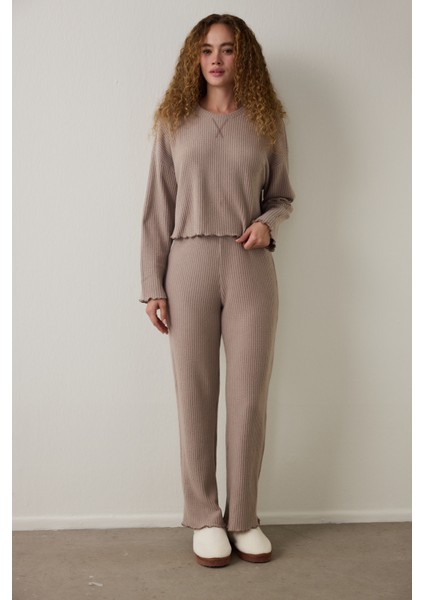 Koyu Bej Mocha Waffle Bisiklet Yaka Termal Etkisi Pijama Takımı
