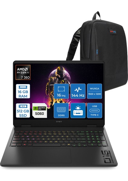 Omen Amd Ryzen Aı 7 350 16GB Ddr5 512GB SSD 8GB/RTX5060 16" Wuxga 144Hz IPS 300NIT Windows 11 Pro Taşınabilir Bilgisayar 16AP0010NTP01 + Zettaçanta