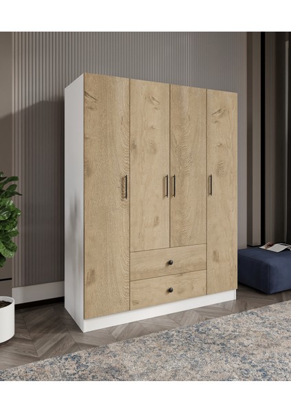 %100 Mdf 4 Kapaklı 2 Çekmeceli 12 Raflı Elbise Dolabı – Gardırop 182X140X52 cm Meşe Soft Beyaz – Animasyonlu /cabinse