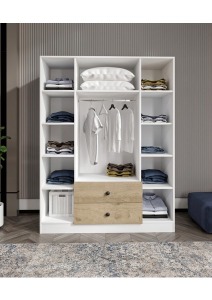 %100 Mdf 4 Kapaklı 2 Çekmeceli 12 Raflı Elbise Dolabı – Gardırop 182X140X52 cm Meşe Soft Beyaz – Animasyonlu /cabinse fırsatları