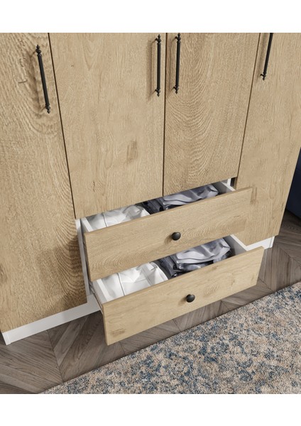 %100 Mdf 4 Kapaklı 2 Çekmeceli 12 Raflı Elbise Dolabı – Gardırop 182X140X52 cm Meşe Soft Beyaz – Animasyonlu /cabinse