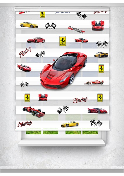 Ferrari Araba Baskılı Çocuk Odası Perdesi - Dijital Baskılı Zebra Stor Perde