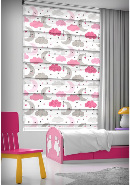 Ay ve Bulut Baskılı Çocuk Odası Perdesi - Pembe - Dijital Baskılı Zebra Stor Perde fiyatları