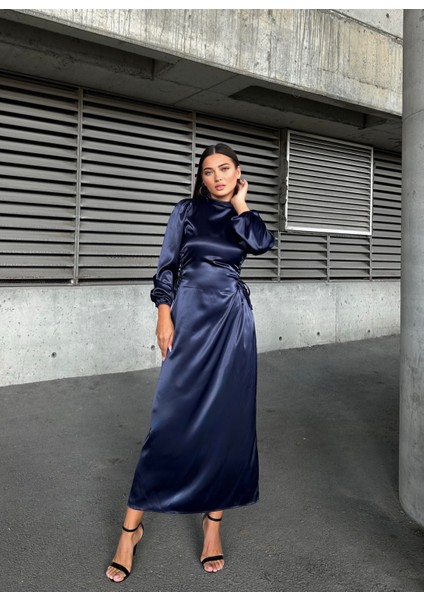 Yandan Ip Bağlamalı Saten Abiye Lacivert 583272