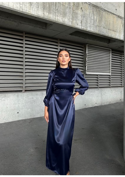 Yandan Ip Bağlamalı Saten Abiye Lacivert 583272 fiyatları