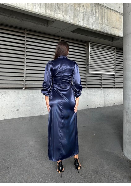 Yandan Ip Bağlamalı Saten Abiye Lacivert 583272 modelleri