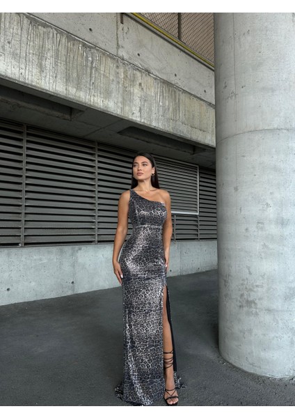 Dijital Baskı Pul Payet Elbise Füme Leopar 583297