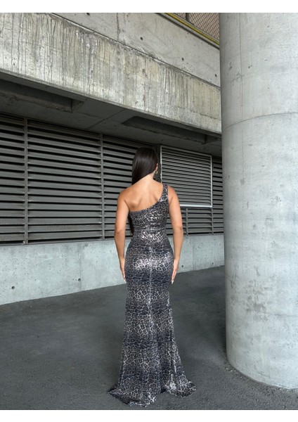 Dijital Baskı Pul Payet Elbise Füme Leopar 583297 modelleri